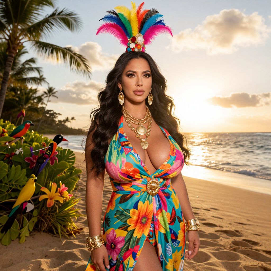 Tropical Carnival Woman in Vibrant Floral Dress on Beach Sunset