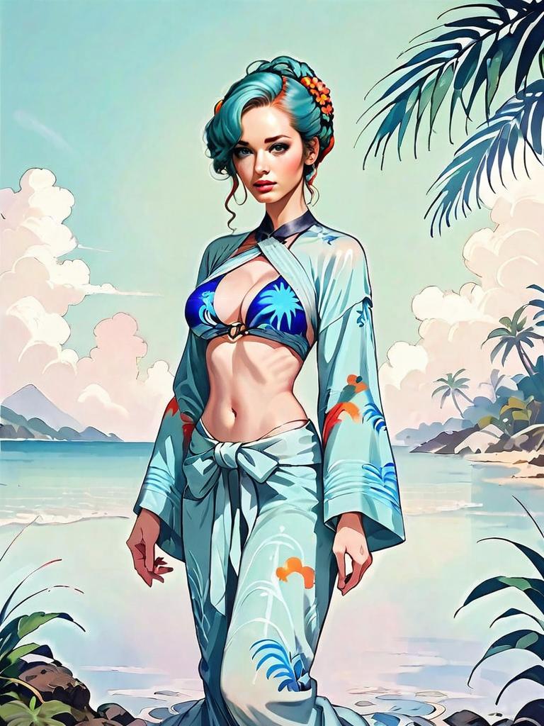 Elegant Woman in Blue Floral Bikini and Kimono on Tropical Beach - Digital Art