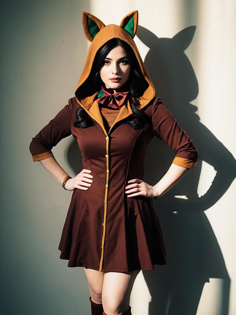 Sexy Maron Character Cosplay Woman in Brown Hooded Dress