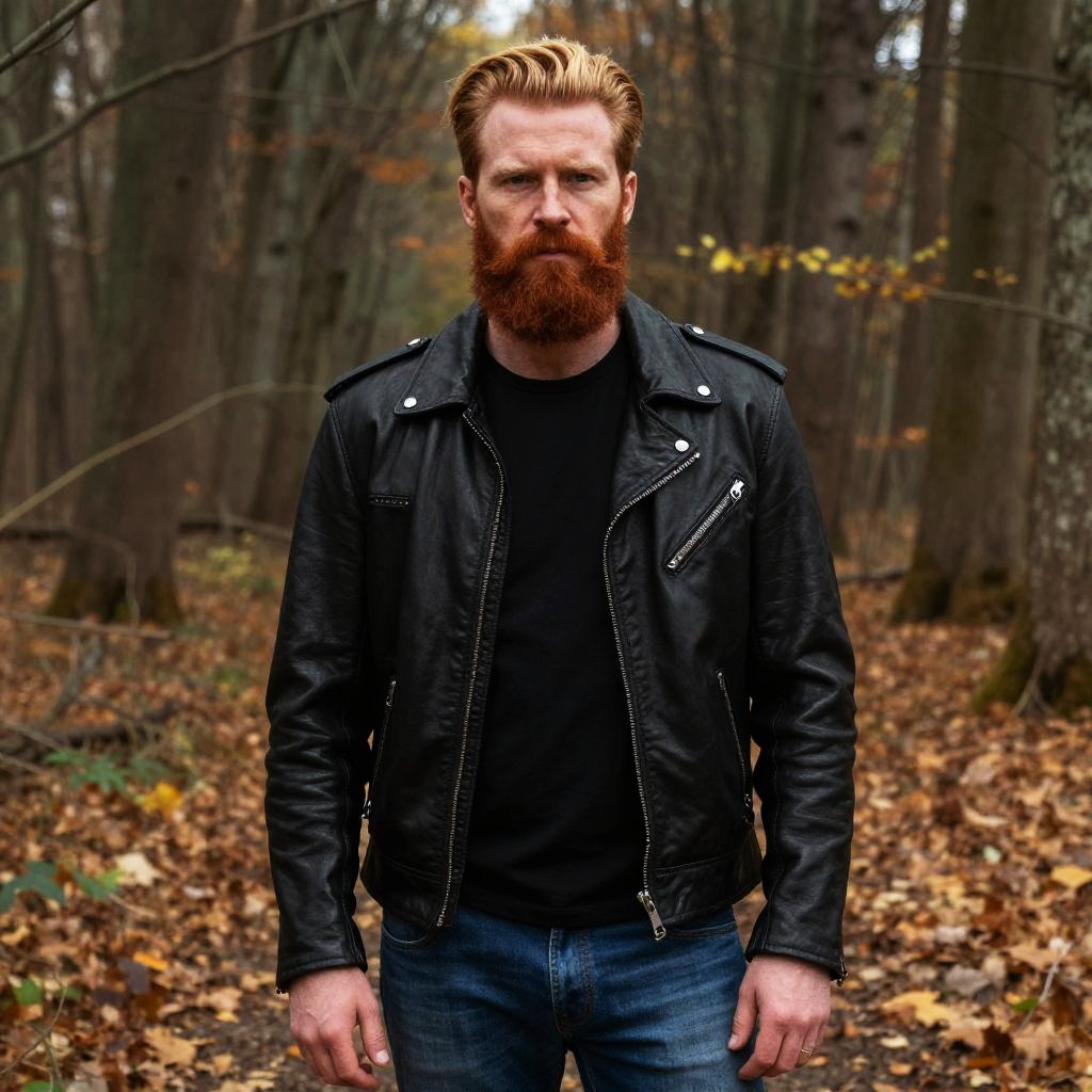 Red-haired Man in Black Leather Jacket in Autumn Forest