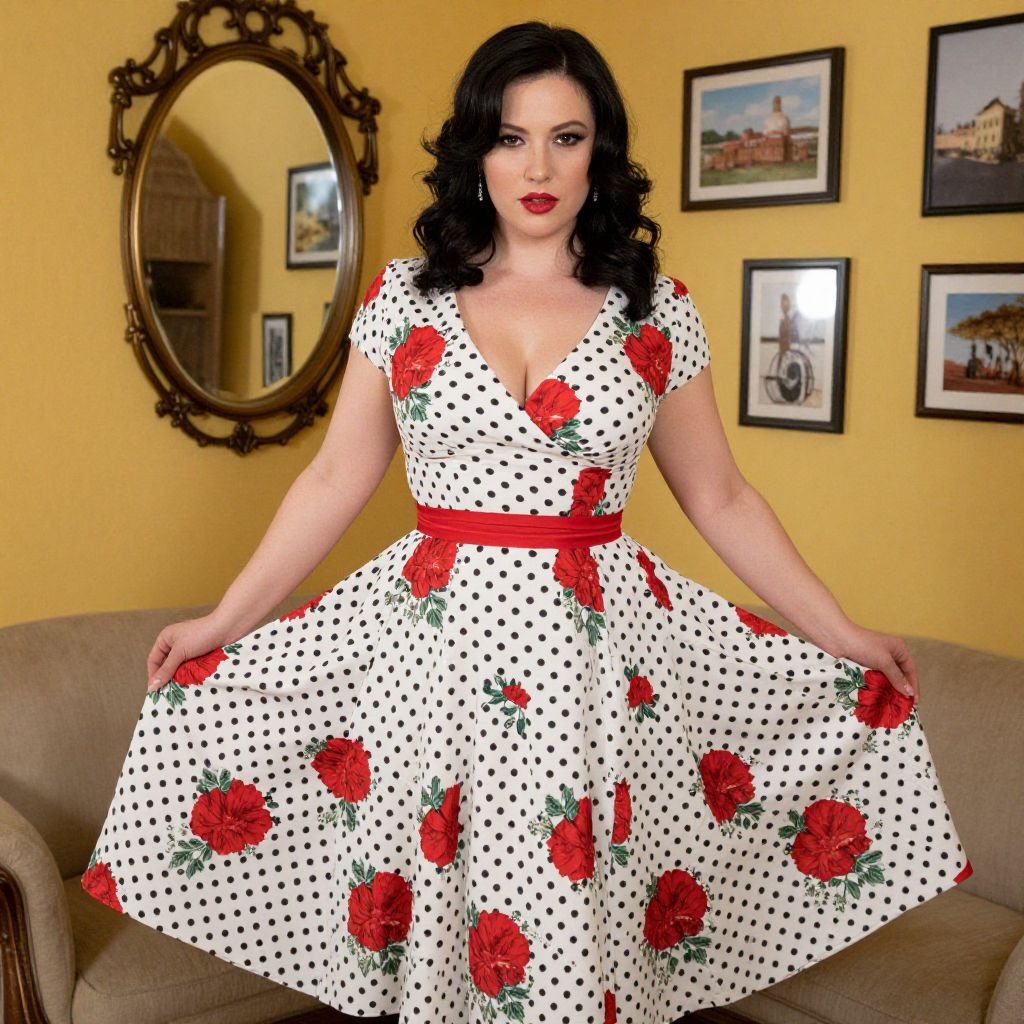 Retro Polka Dot and Rose Print Vintage Style Dress on Woman