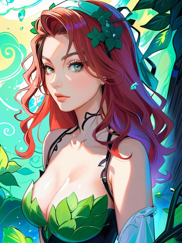 Anime Woman with Red Hair in Fantasy Woodland