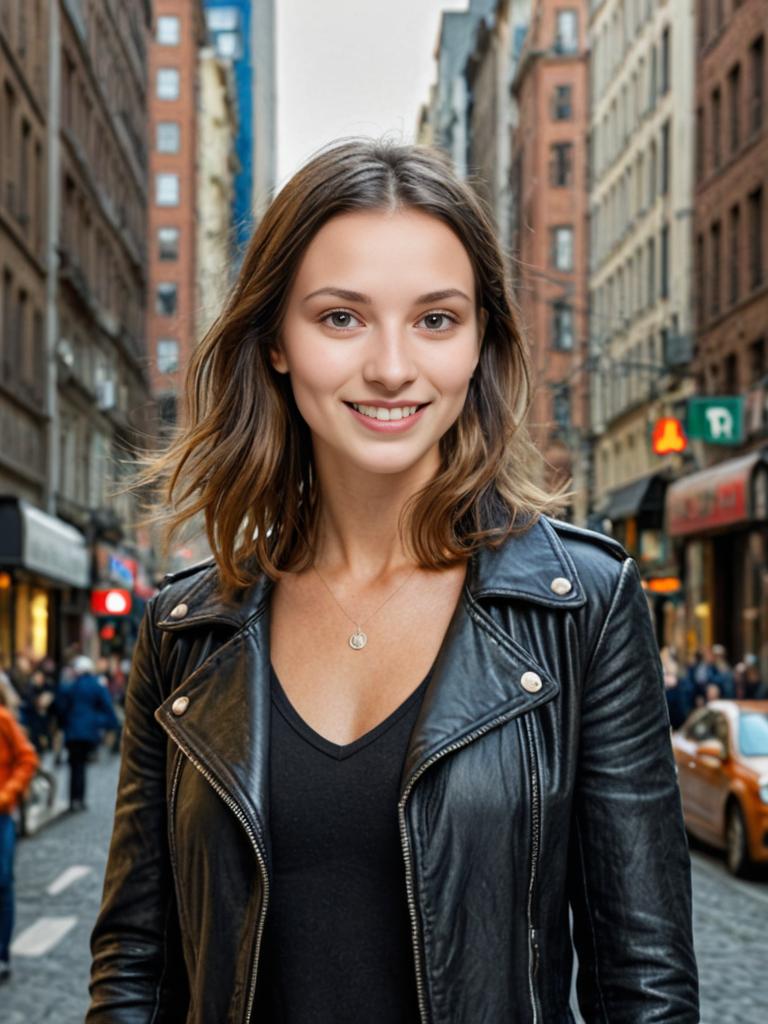 Woman in Leather Jacket on City Street