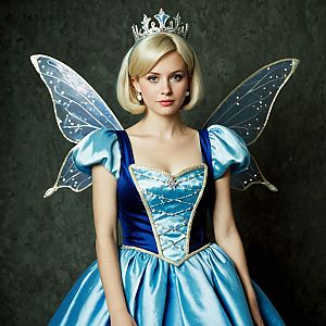 Fairy Godmother Woman in Blue Satin Gown with Wings and Tiara