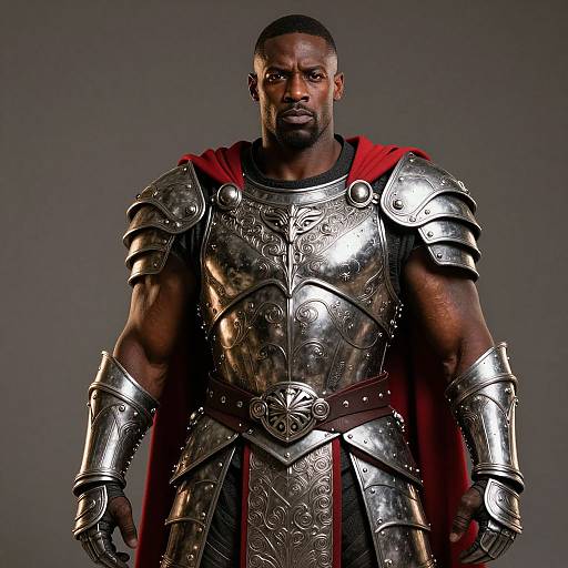 Man in Ornate Medieval Knight Armor with Red Cape