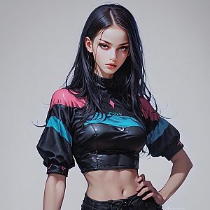 Young Woman in Color-Blocked Crop Top - Anime Style