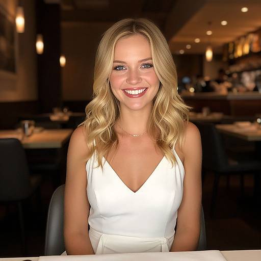 Smiling Blonde Woman in White Dress at Restaurant Table
