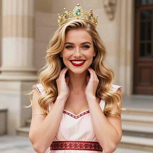 Radiant Blonde Woman Wearing Golden Crown and Elegant Dress