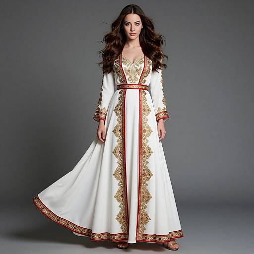 Elegant Woman Wearing White Traditional Embroidered Gown