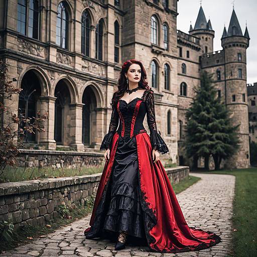 Victorian Gothic Woman in Red and Black Dress at Historic Castle