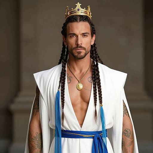 Regal Man with Crown and Braided Hair in White and Blue Robe