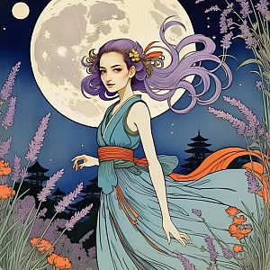 Woman with Lavender Hair Under Full Moon