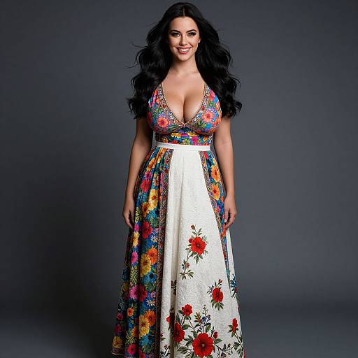 Confident Woman Wearing Vibrant Floral Maxi Dress with Patterned Panels