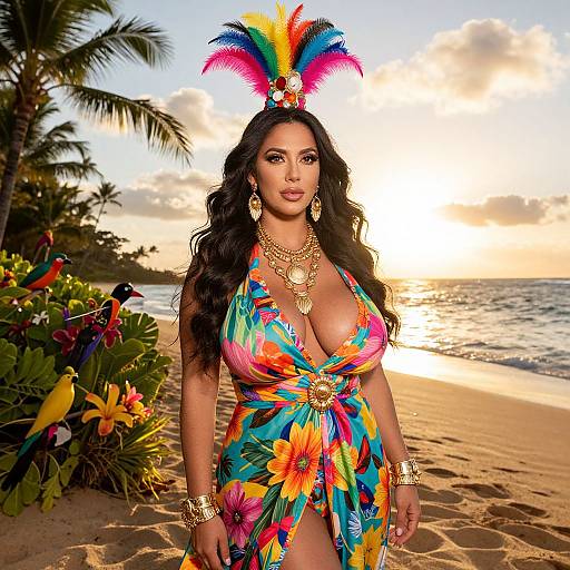 Tropical Carnival Woman in Vibrant Floral Dress on Beach Sunset