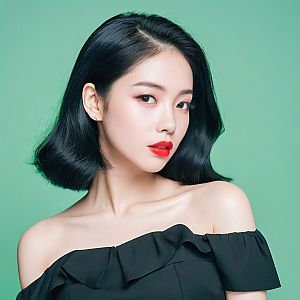 Stylish Woman with Black Hair in Off-the-Shoulder Top