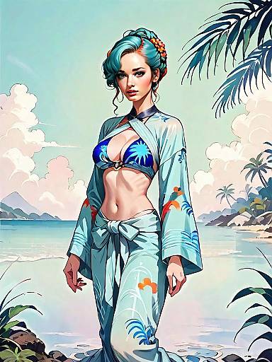 Elegant Woman in Blue Floral Bikini and Kimono on Tropical Beach - Digital Art