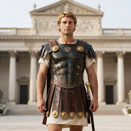 Man as Alexander the Great in Roman Armor Standing Before Classical Building