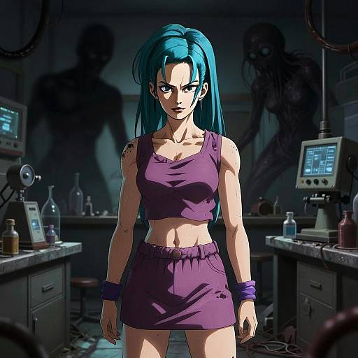 Determined Woman in Sci-Fi Laboratory with Mysterious Shadow Figures Anime Art