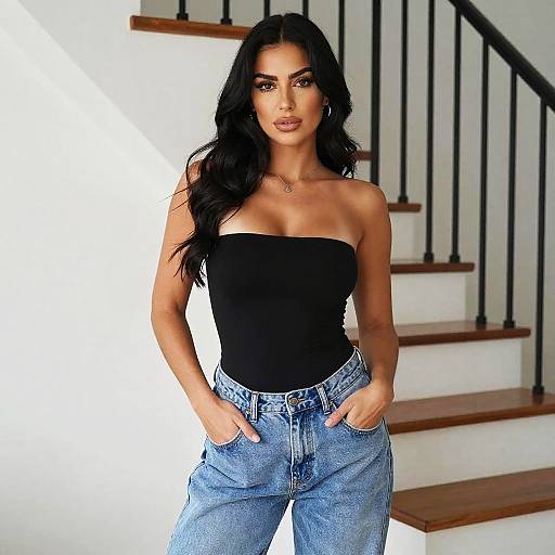 Confident Woman in Black Strapless Top and Blue Jeans by Staircase