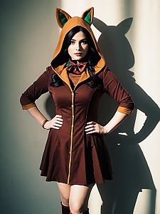 Sexy Maron Character Cosplay Woman in Brown Hooded Dress