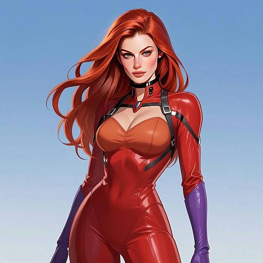 Red-Haired Woman in Glossy Red Bodysuit Digital Illustration