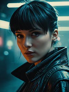 Close-up Portrait of Woman in Blade Runner Joi Costume with Cyberpunk Lighting