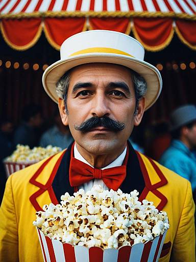 Man in Circus Popcorn Seller Costume Close-Up Headshot