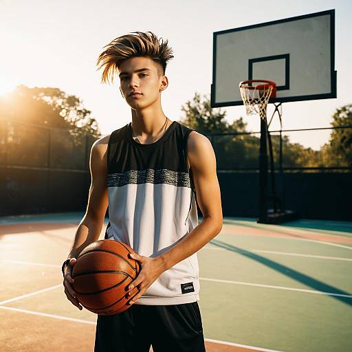 Young Man Holding Basketball on Outdoor Court at Sunset