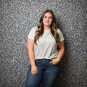 Confident Woman in Casual Attire Against Patterned Background