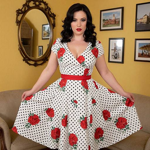 Retro Polka Dot and Rose Print Vintage Style Dress on Woman
