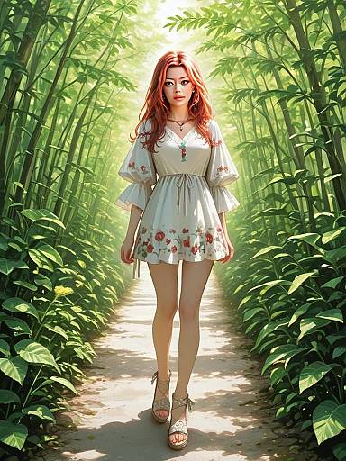 Realistic Woman in Casual Boho Wrap Mini Dress Walking in Bamboo Forest
