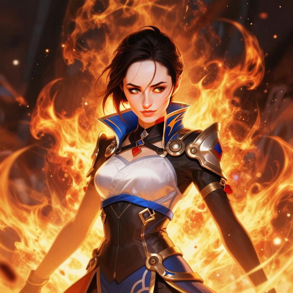 Fierce Woman Warrior in Armor Surrounded by Flames Fantasy Digital Art