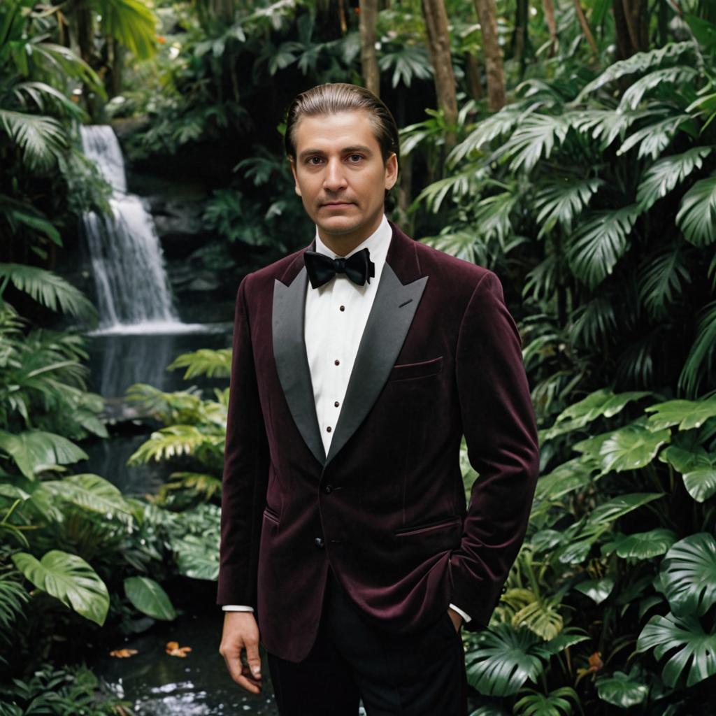 Elegant Man in Burgundy Tuxedo in Jungle