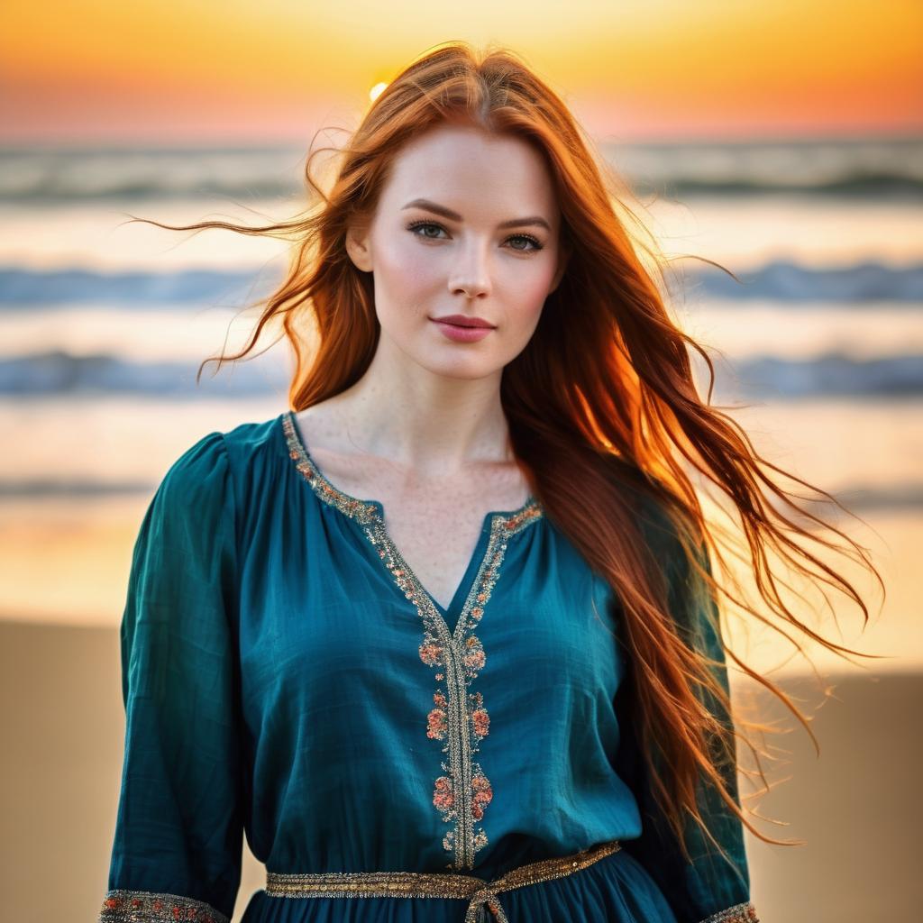 Red Haired Woman in Embroidered Teal Dress on Beach Sunset