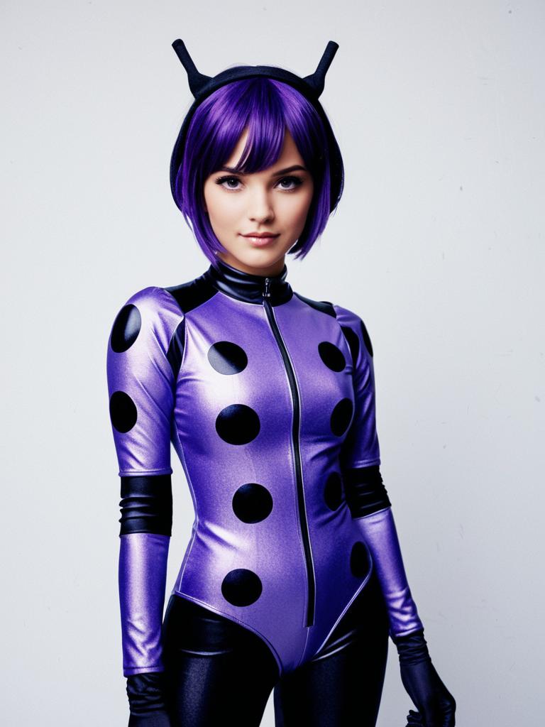 Woman in Purple Miraculous Ladybug Costume Photorealistic Studio Portrait