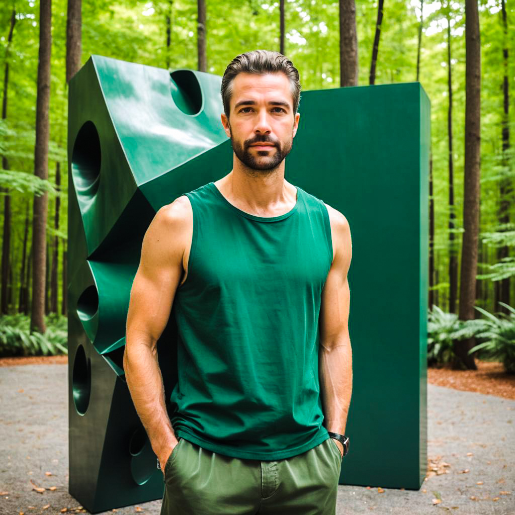 Stylish Man in Green Tank Top in Forest with Sculpture