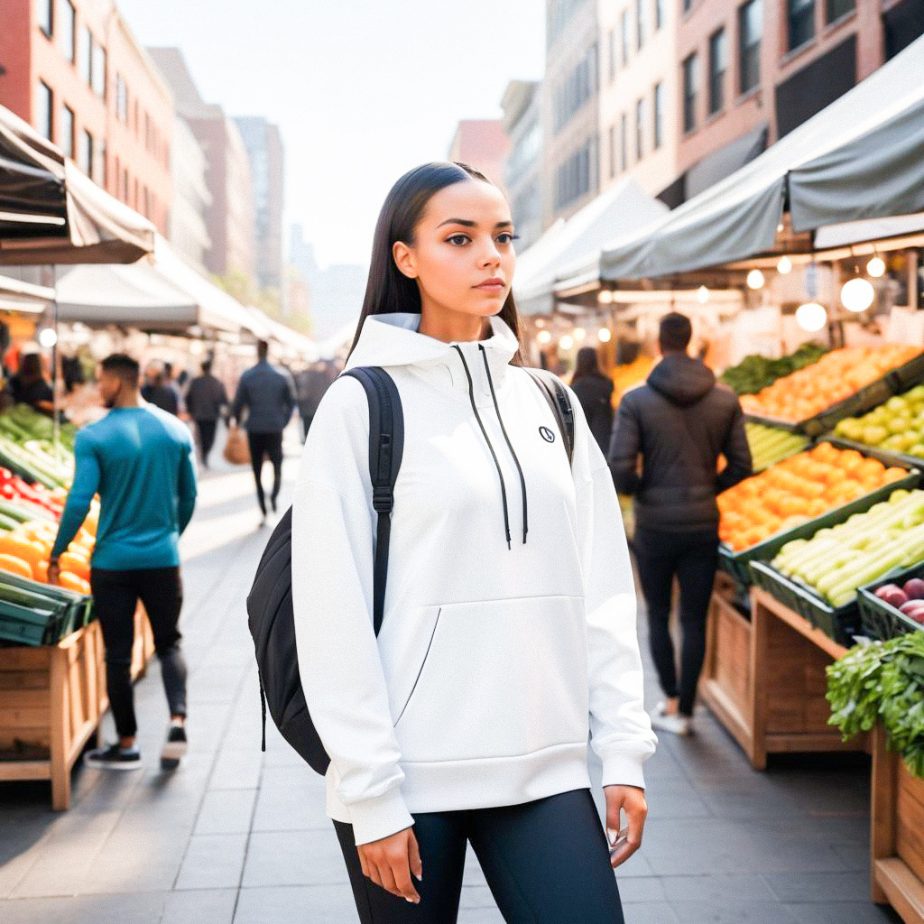 Confident Woman in Stylish Hoodie at Vibrant Market