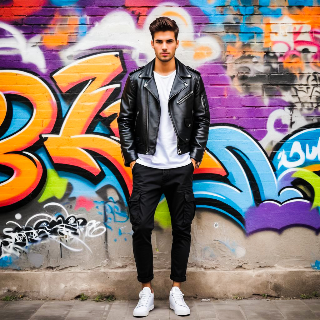 Stylish Young Man in Urban Fashion Against Graffiti