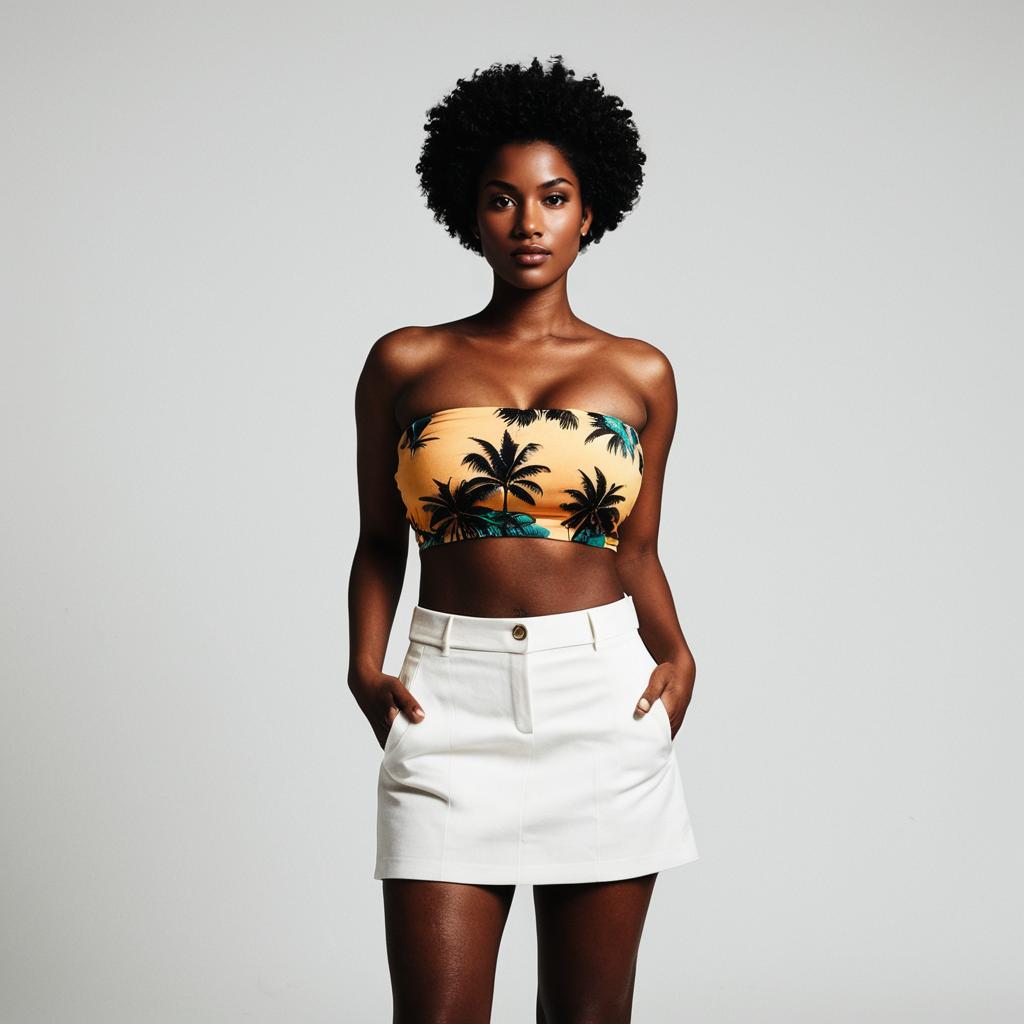 Confident Woman Wearing Tropical Crop Top and White Skirt in Minimalist Style