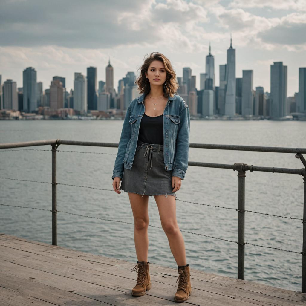 Confident Woman on Deck with City Skyline