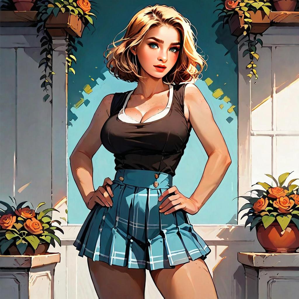 Confident Young Woman in Blue Plaid Skirt and Black Tank Top Digital Art