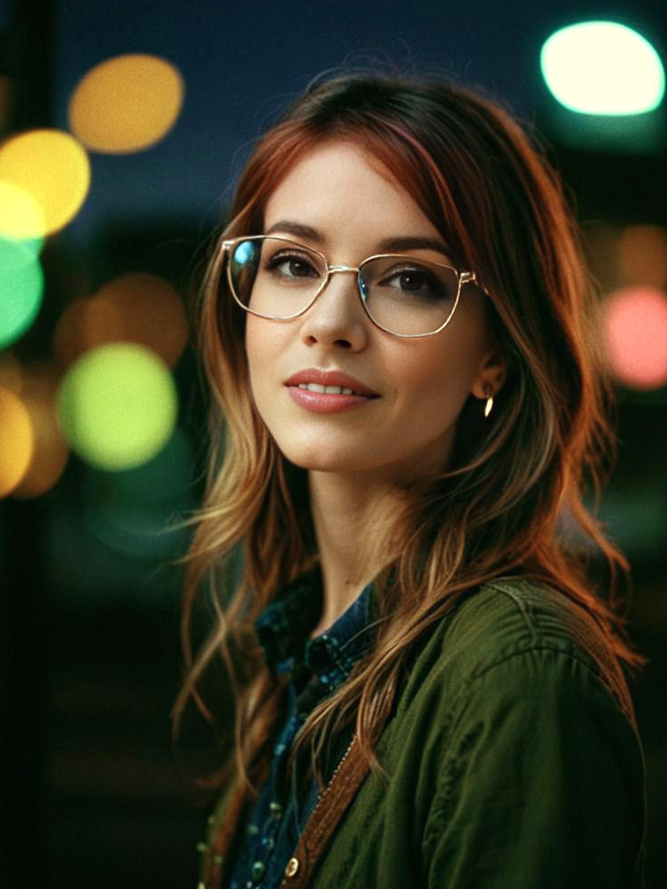 Stylish Woman with Flowing Hair and Bokeh Lights