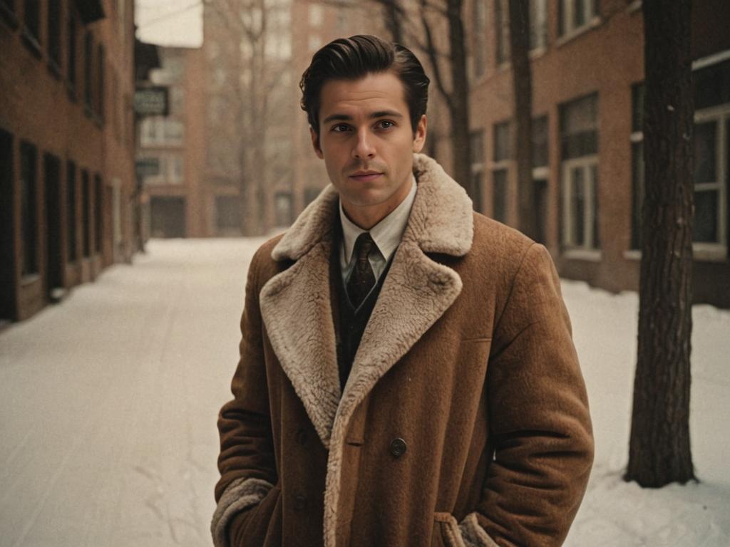 Stylish Man in Vintage Fur-Lined Coat on Snowy Street