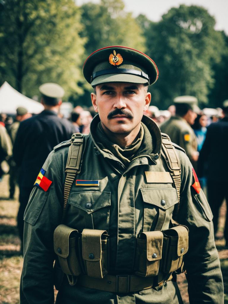 Man in Realistic Army Soldier Costume at Outdoor Cosplay Festival