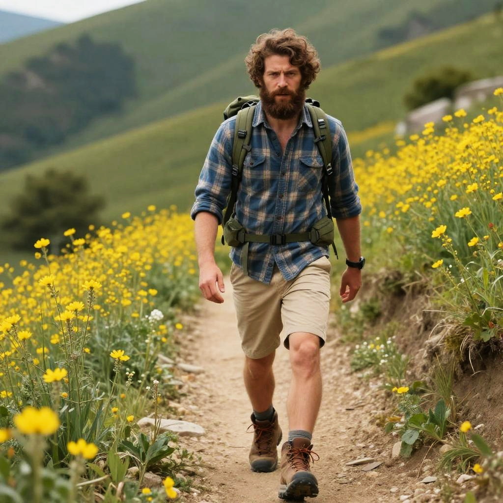 Man Hiking on Wildflower Trail in Outdoor Adventure