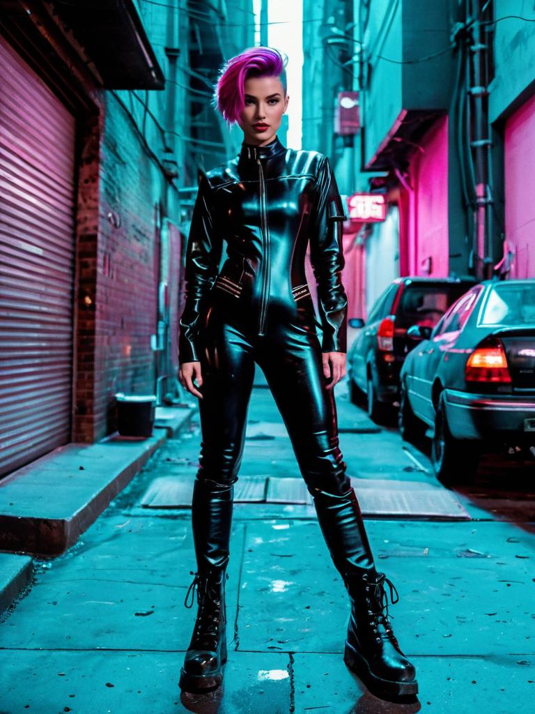 Futuristic Woman in Black Leather Catsuit Neon Cyberpunk Alley