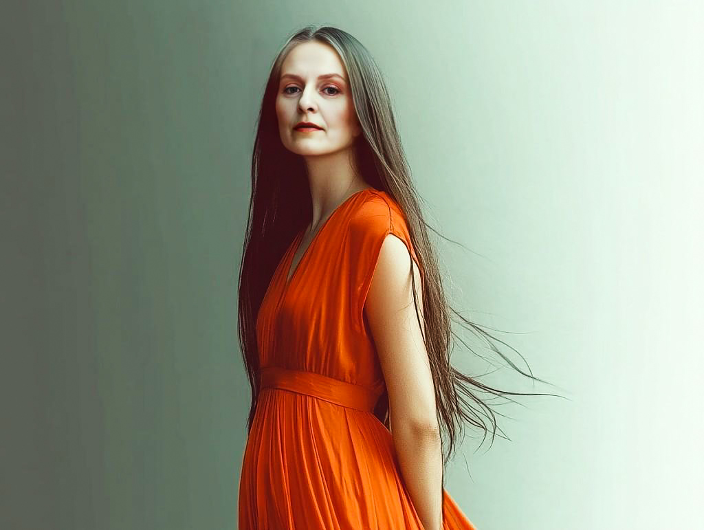 Elegant Woman in Flowing Orange Dress