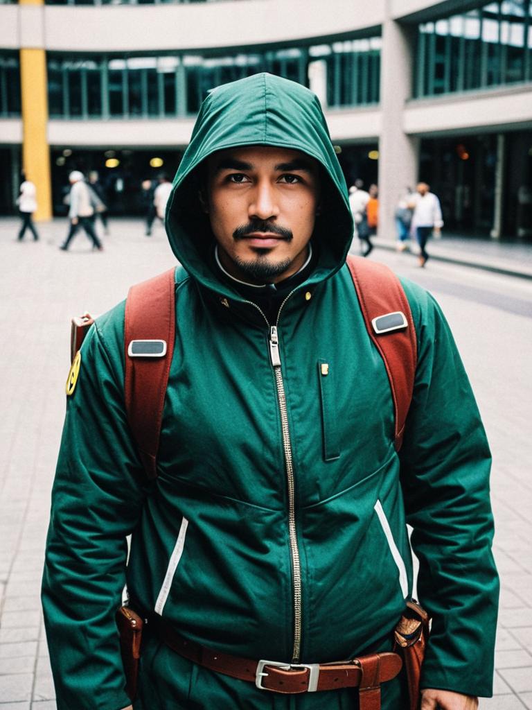 Realistic Bulat Cosplay Costume on Man in Urban Setting