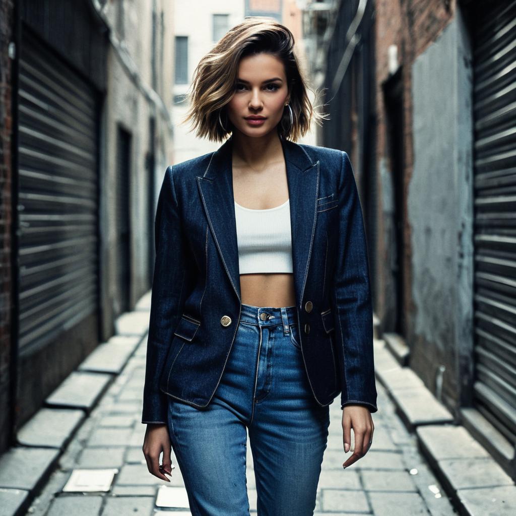 Stylish Woman in Denim Blazer and Jeans Walking in Urban Alley