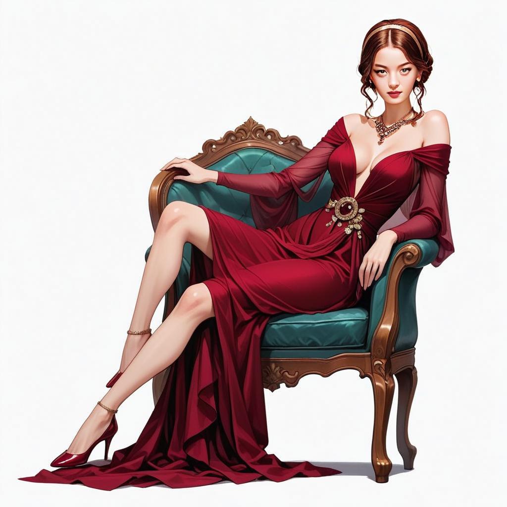 Elegant Woman in Red Gown on Vintage Armchair